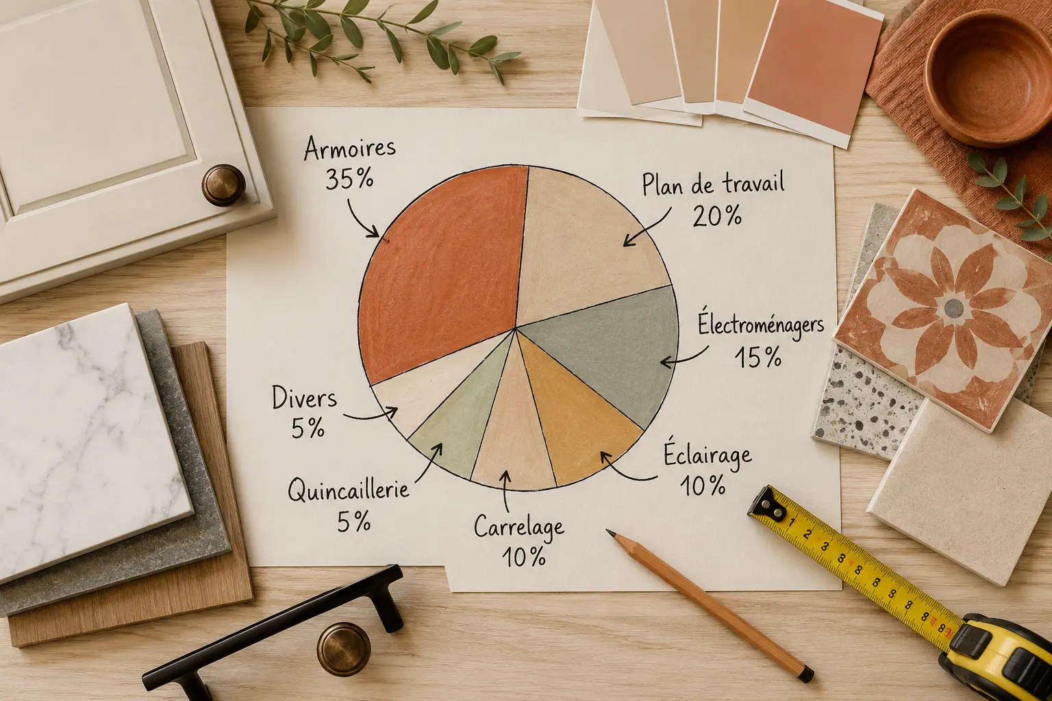 Un graphique à secteurs montrant la répartition du budget de rénovation de cuisine entouré d'échantillons de carreaux, de marbre et de poignées.