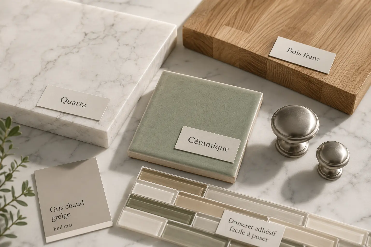 Vue en plongée d'échantillons de comptoir en quartz, de carreaux en céramique verte, de bois franc, de poignées et de dosseret adhésif.