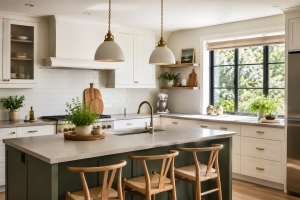 A bright kitchen featuring an olive green island with light quartz countertops, three wooden wishbone stools, and two grey dome pendant lights.