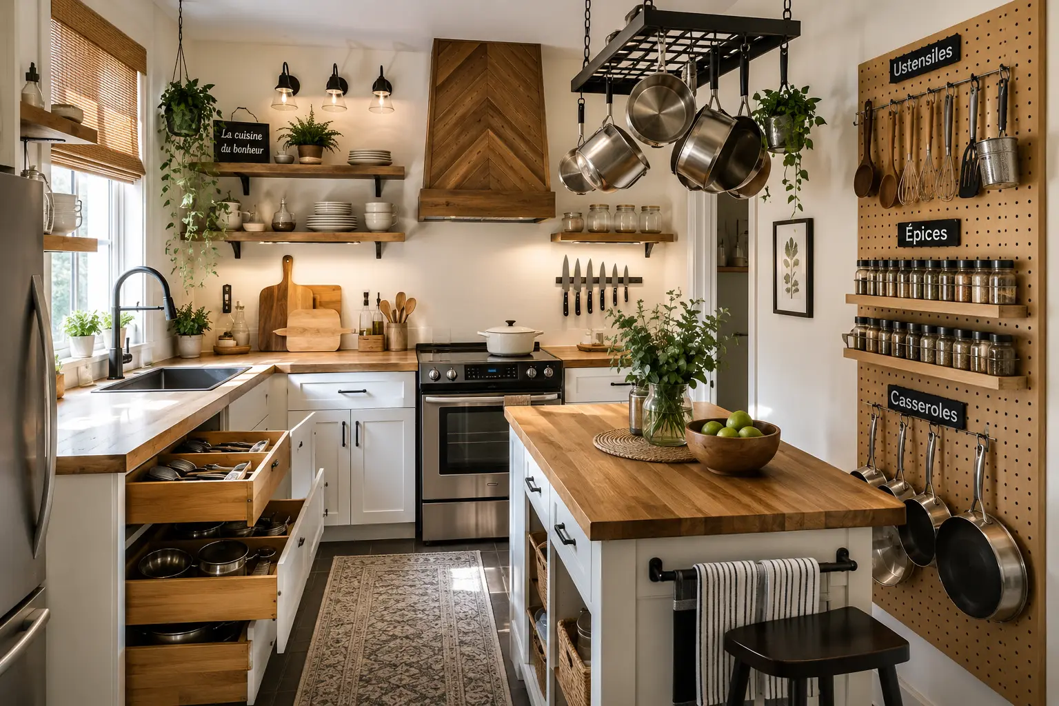 Une cuisine avec des comptoirs en bois, des tiroirs ouverts, un îlot central et un panneau perforé mural pour suspendre les ustensiles.
